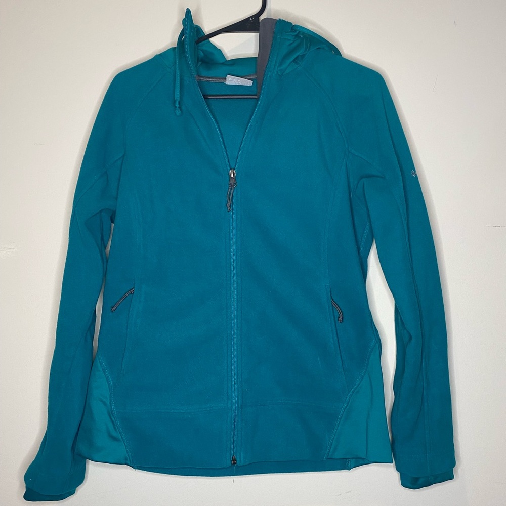 Columbia full zip hooded sweatshirt, teal, with zip pockets